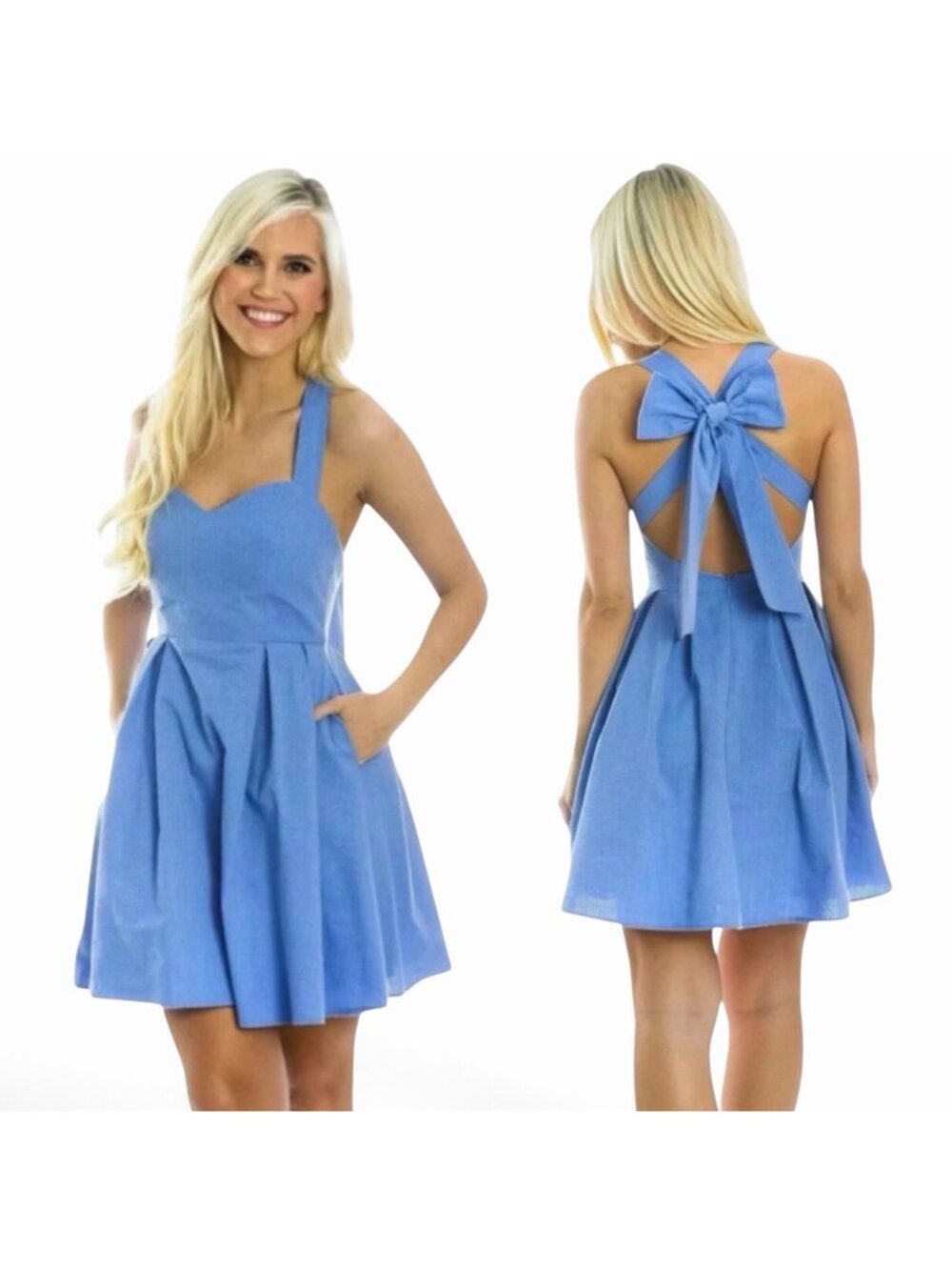 Lauren James Livingston Solid Dress Size Medium Delta Blue Seersucker Fit Flare